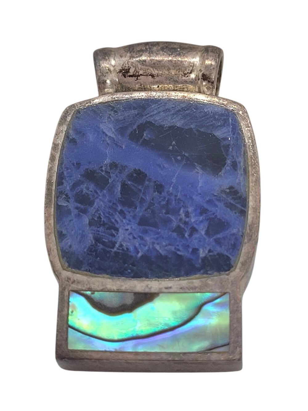 Vintage Sodalite Abalone Shell Inlay Pendant 925 Sterling Silver Bohemian Mystic